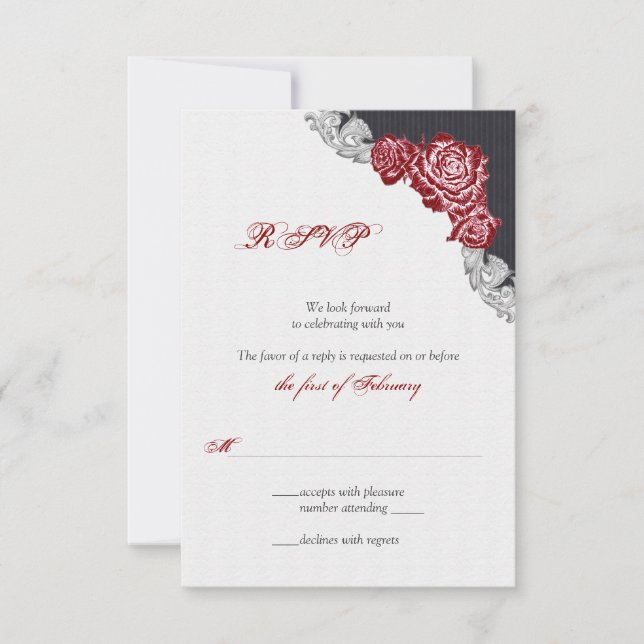 Tarjeta RSVP de boda rosa roja oscura (Anverso)
