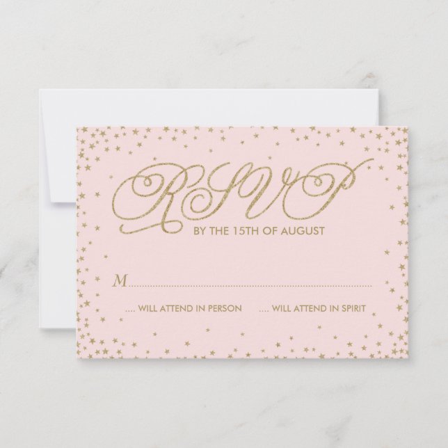 Tarjeta RSVP de Boda Rosa y Oro Fancy Stars (Anverso)