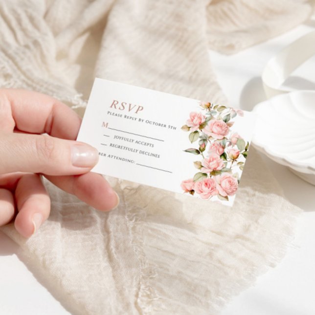 Tarjeta RSVP de boda rosa y vegetación de hojas (Subido por el creador)