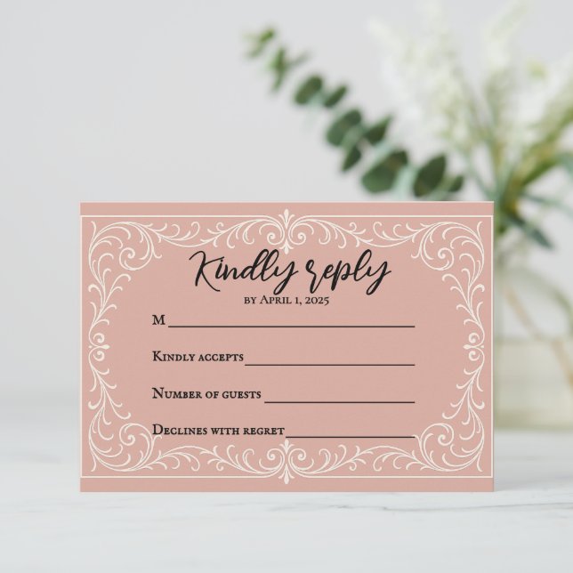 Tarjeta RSVP de Boda Rosada Heirloom (Anverso de pie)