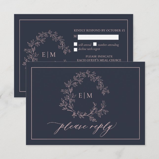 Tarjeta RSVP de Boda Rosada Rubor Azul de la Marin (Anverso / Reverso)