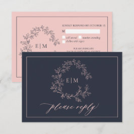 Tarjeta RSVP de Boda Rosada Rubor Azul de la Marin