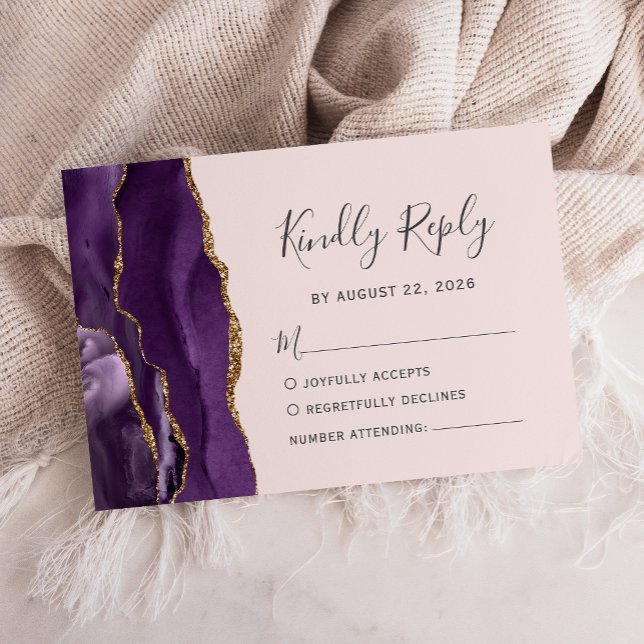 Tarjeta RSVP de boda Rubor Purple Gold Agate moder (Subido por el creador)