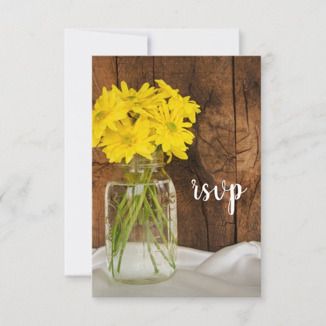 Tarjeta RSVP de boda rural Mason Jar y Daisies (Anverso)