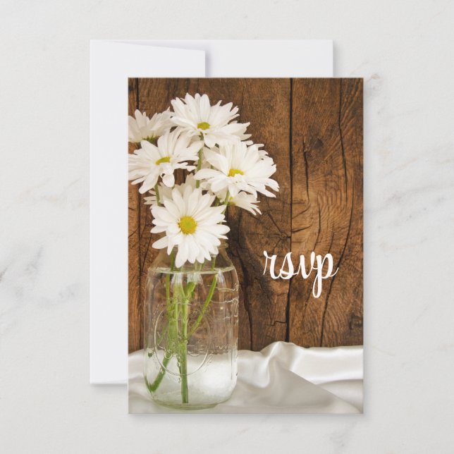 Tarjeta RSVP de boda rural Mason Jar y Daisies (Anverso)
