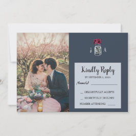 Tarjeta RSVP de boda rusa con foto azul marino