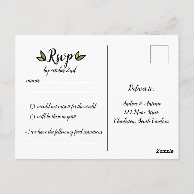 Tarjeta RSVP de boda rusa de Leafy verde de leafy (Reverso)