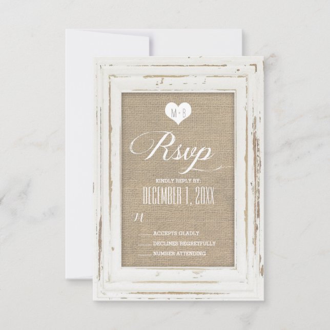 Tarjeta RSVP de Boda Rústica Blanca Burlap (Anverso)