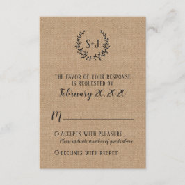 Tarjeta RSVP de Boda Rústica Burlap Black Typograp
