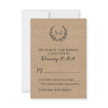 Tarjeta RSVP de Boda Rústica Burlap Black Typograp