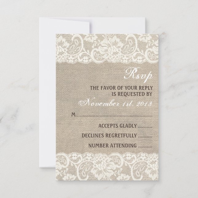Tarjeta RSVP de Boda Rústica Burlap con aspecto de (Anverso)