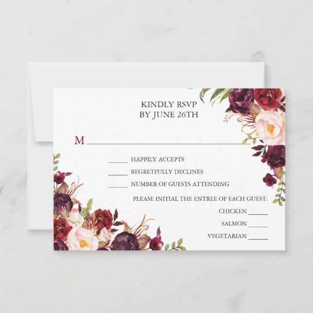 Tarjeta RSVP de Boda Rustica de Borgoña Marsala We (Anverso)