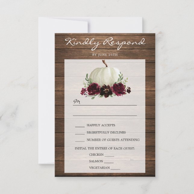 Tarjeta RSVP de Boda Rustica de Calabaza de Madera (Anverso)