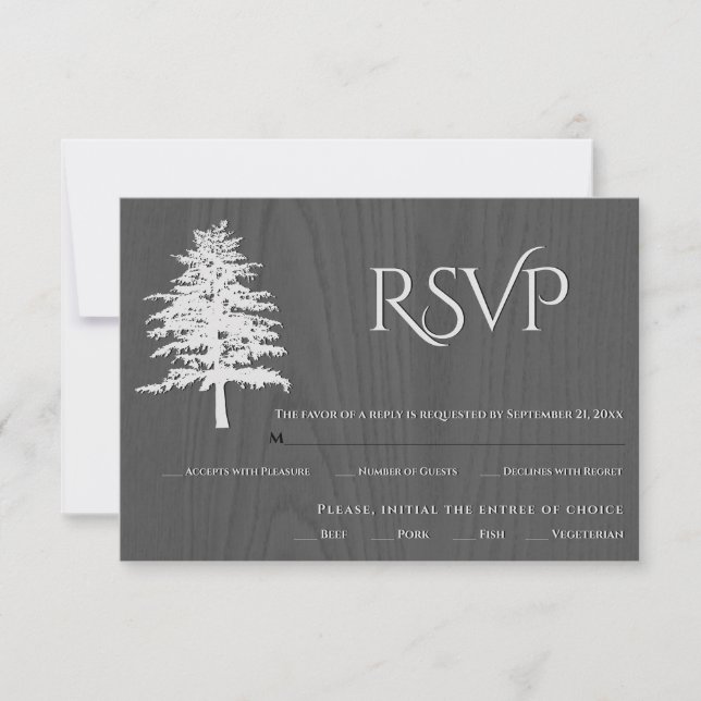 Tarjeta RSVP de boda rústica de madera gris de árb (Anverso)