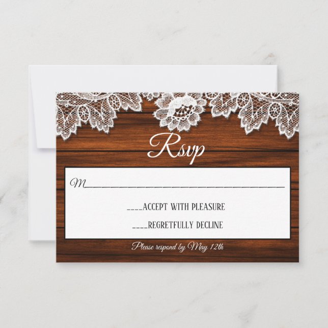 Tarjeta RSVP de Boda Rústica de Madera y Encaje (Anverso)