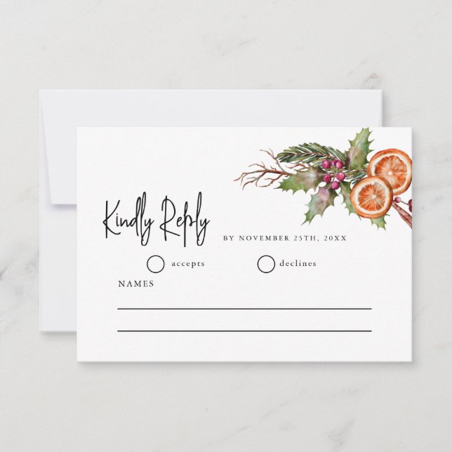 Tarjeta RSVP de Boda Rústica de Navidades Verdes (Anverso)