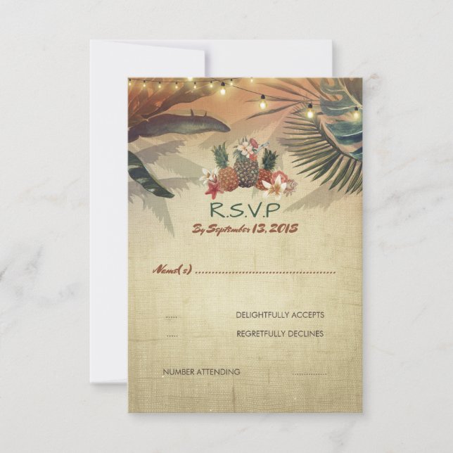 Tarjeta RSVP de Boda Rústica de Palmas de Pinapple (Anverso)