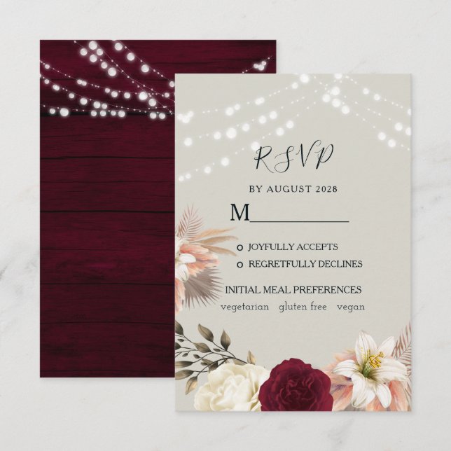 Tarjeta RSVP de Boda Rústica Floral Borgoña (Anverso / Reverso)