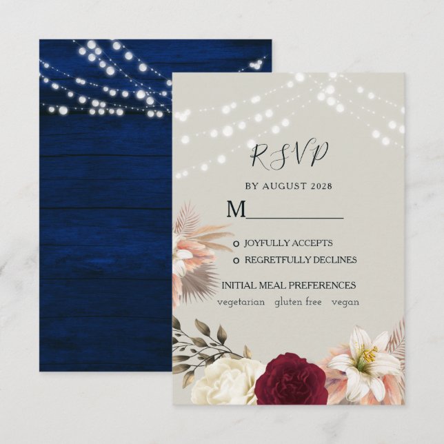 Tarjeta RSVP de Boda Rústica Floral Borgoña (Anverso / Reverso)