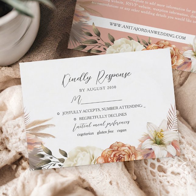 Tarjeta RSVP de Boda Rústica Floral Peach y Purple (Subido por el creador)