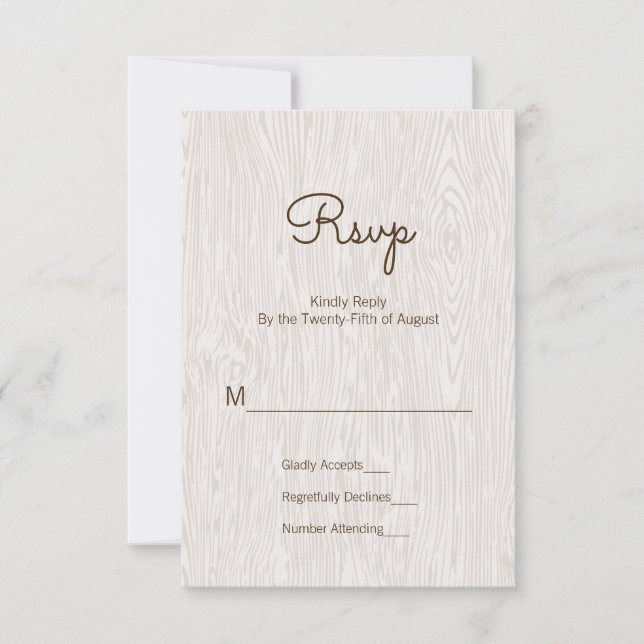 Tarjeta RSVP de boda rústica moderna de madera (Anverso)