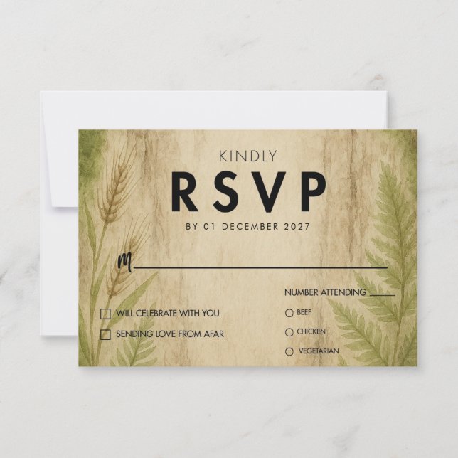 Tarjeta RSVP de Boda Rustica y Boda Forestal Moss (Anverso)