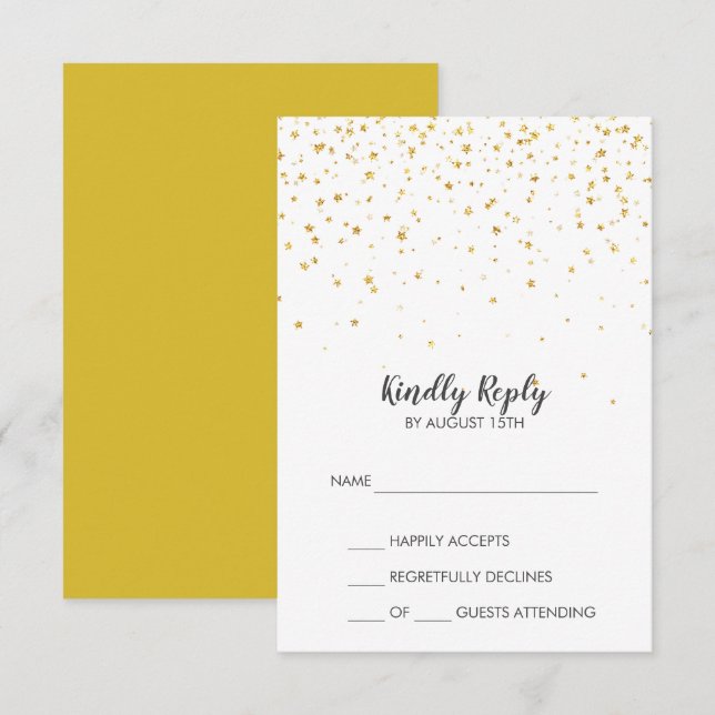 Tarjeta RSVP de Boda Sencilla de Confetti de Oro (Anverso / Reverso)