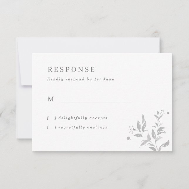 Tarjeta RSVP de boda simple con hojas grises (Anverso)