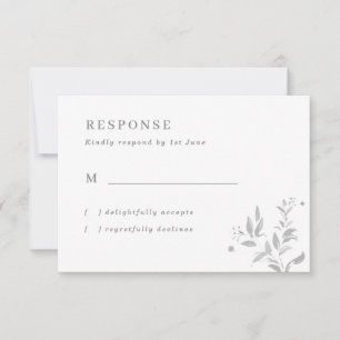 Tarjeta RSVP de boda simple con hojas grises