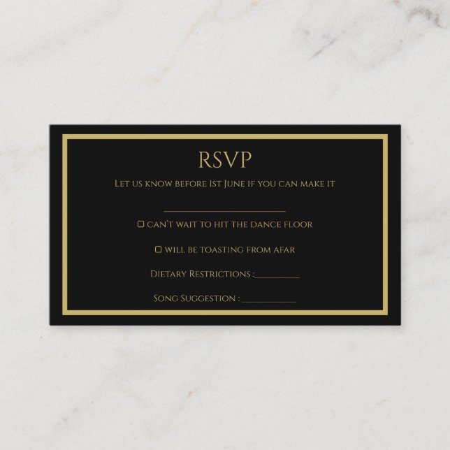 Tarjeta RSVP de boda simple en negro y oro (Anverso)