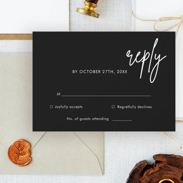 Tarjeta RSVP de boda simple negra moderna (Subido por el creador)