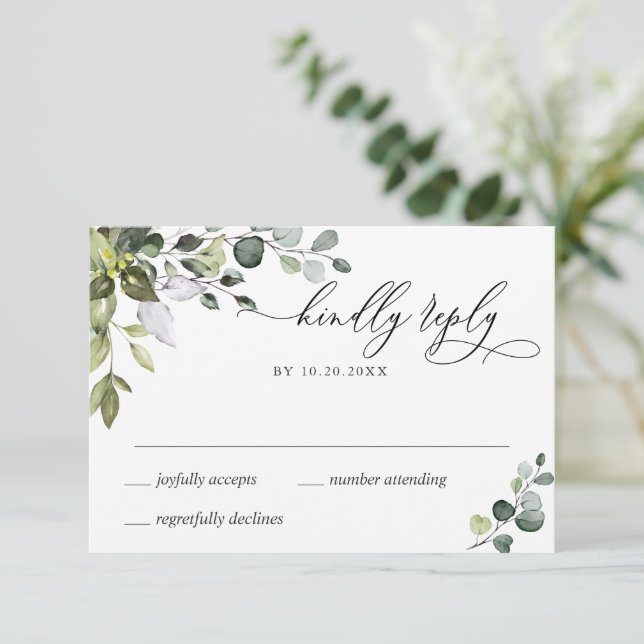 Tarjeta RSVP de boda simple y elegante de eucalipt (Anverso de pie)