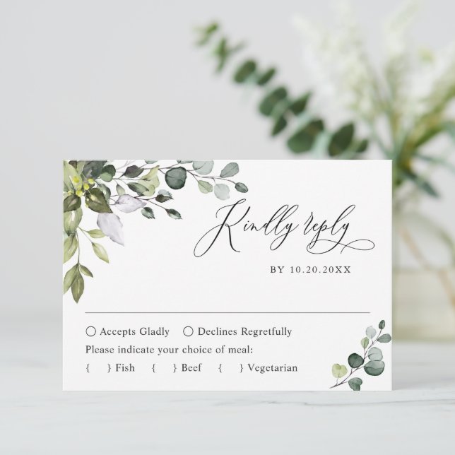 Tarjeta RSVP de boda simple y elegante de eucalipt (Anverso de pie)