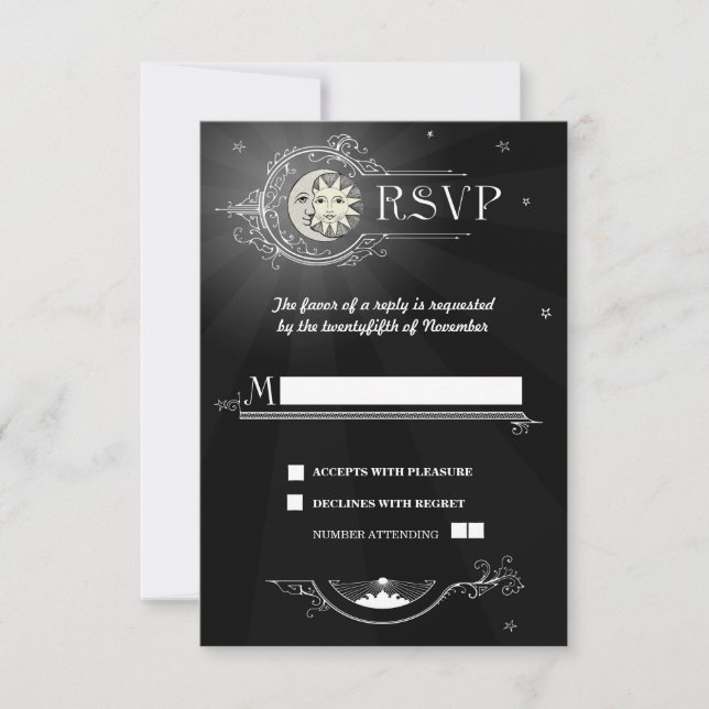 Tarjeta RSVP de boda solar y lunar (Anverso)