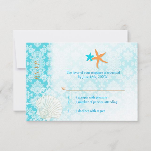 Tarjeta RSVP de Boda Starfish Pair Glam Beach (Anverso)