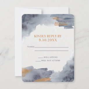 Tarjeta RSVP de Boda Swash de color azul y oro