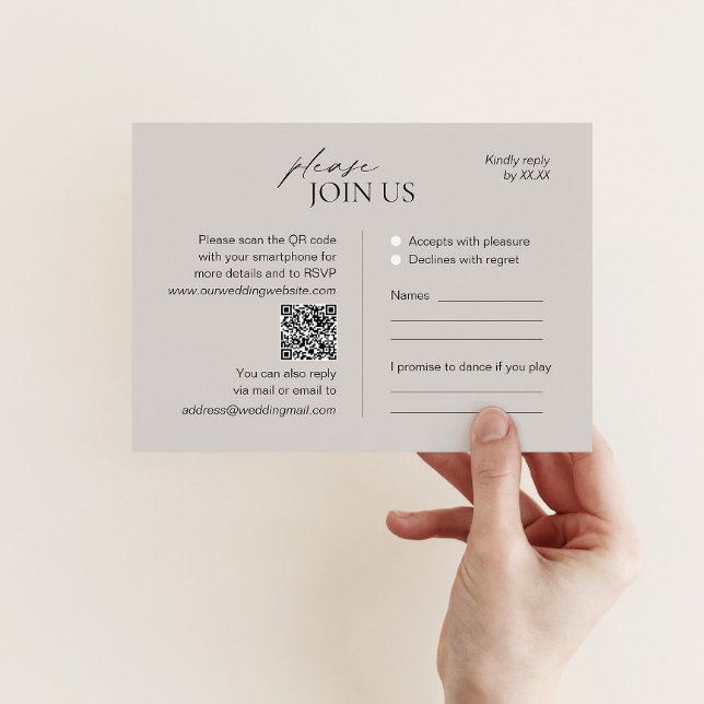Tarjeta RSVP de boda taupe moderna con código QR (Subido por el creador)