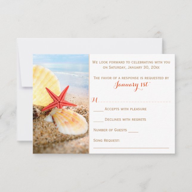 Tarjeta RSVP de boda temática de playa | Pescado e (Anverso)