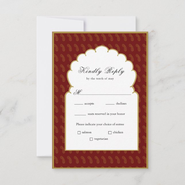 Tarjeta RSVP de boda tradicional de origen rojo y  (Anverso)