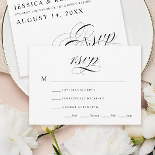 Tarjeta RSVP de boda tradicional en blanco y negro