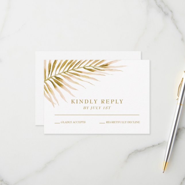 Tarjeta RSVP de boda Tropical Gold Palm (Anverso/Reverso In Situ)