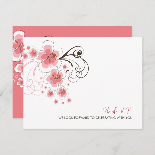 Tarjeta RSVP de Boda Tropical Rosa Hibiscus (Anverso / Reverso)