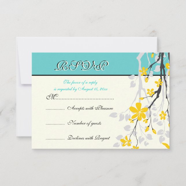 Tarjeta RSVP de boda turquesa amarilla con flores (Anverso)