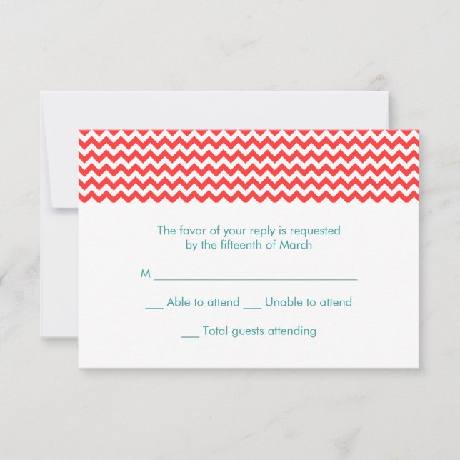 Tarjeta RSVP de Boda Turquesa y Coral Chevron (Anverso)