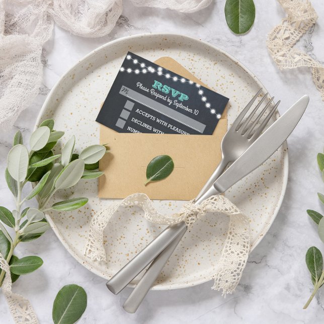 Tarjeta RSVP de Boda Verde azulada con luces de ta (Subido por el creador)