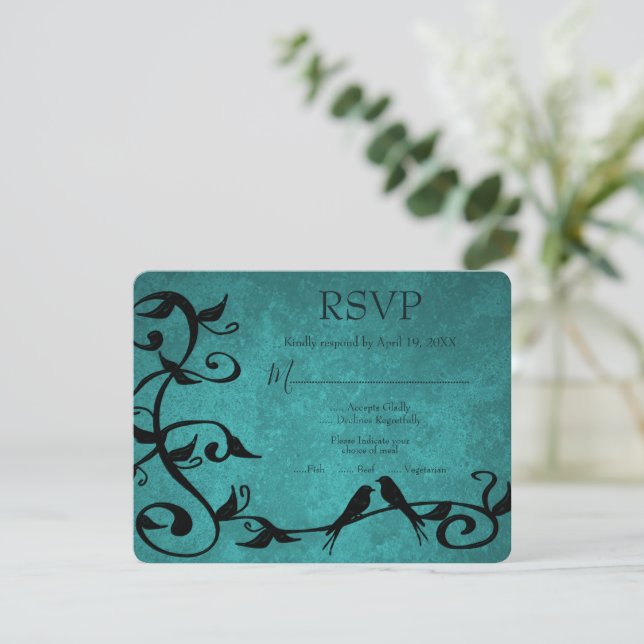 Tarjeta RSVP de Boda verde azulada de Aves Amantes (Anverso de pie)
