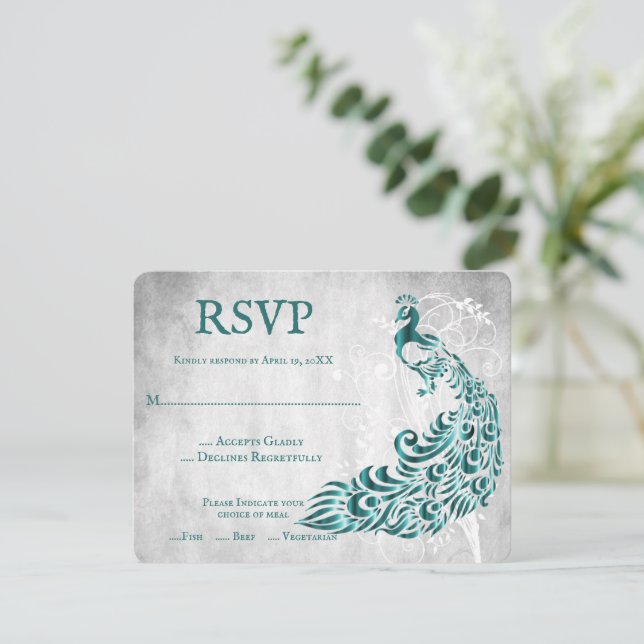 Tarjeta RSVP de Boda verde azulada de Hoja de Peac (Anverso de pie)