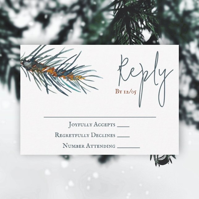Tarjeta RSVP de Boda Verde de Invierno (rustic brown forest green pine tree watercolor reply wedding rsvp enclosure card winter green brown)