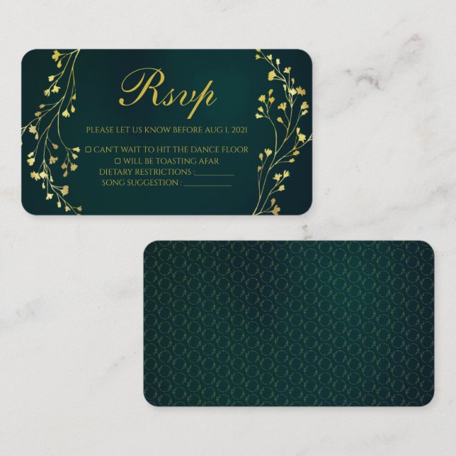 Tarjeta Rsvp de Boda Verde Floral de Oro Moderno (Anverso / Reverso)