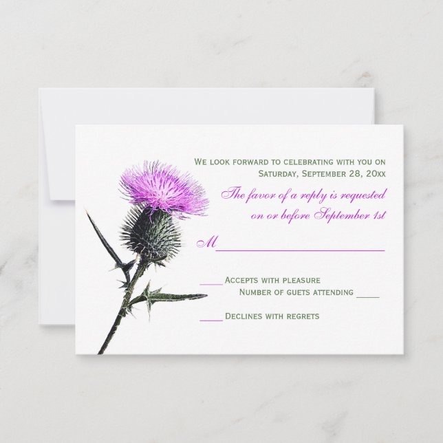 Tarjeta RSVP de Boda Verde Púrpura de Thistle (Anverso)